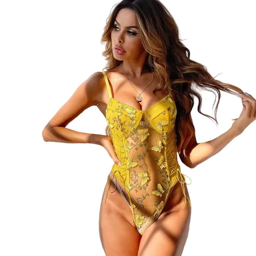 Sexy Women's Strapless Bodysuit Multi-Color Mesh Transparent Underwear - Yellow - Xl