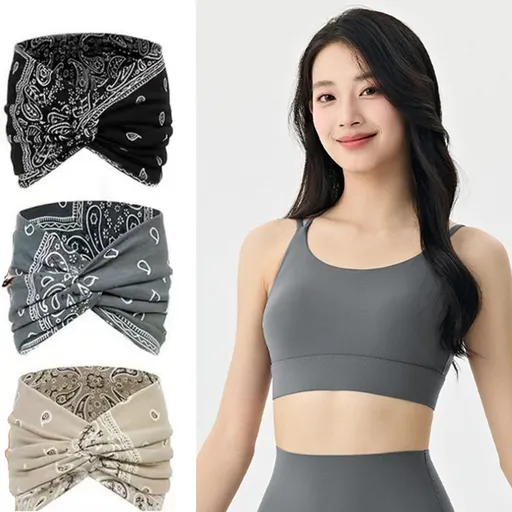 Outdoor sports combination-Grey L Size thin shoulder straps Sports Bra with Adjustable Back Buckle and 3 Pack 18cm Boho Paisley Headband Set（Black and Grey and Beige） - Breathable Fixed Cup Yoga Top and Wide Elastic Hair Band for Gym Running and Dail