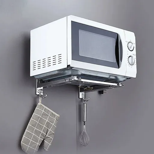 Stainless Steel Microwave Oven Wall Mount Bracket – Adjustable Shelf with Removable Hooks