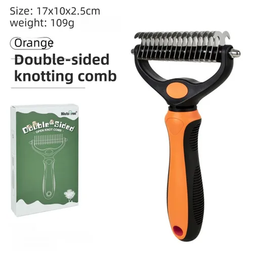 Orange Dual Sided Pet Knot Cutter for Dogs & Cats - 17 / 9 Tooth Undercoat Grooming Rake with Non-Slip TPR Handle, Perfect Long Fur Remove Tangles Mats Knots