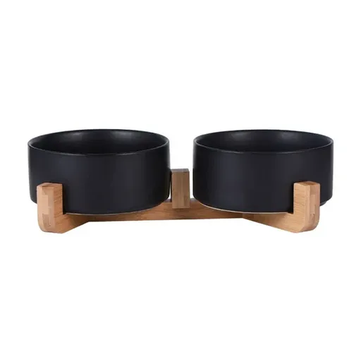 Ceramic Pet Bowl Double Cat Food Bowl Dog Water Bowl Feeding Drinking Bowl Set - Black