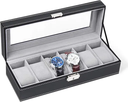 6-slot Leather Watch Box, Watch Box Organizer Glass jewelry Storage Black
