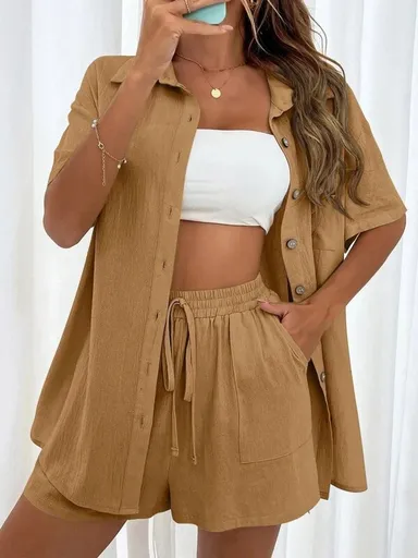 S Brown Women's Elegant 2-Piece Casual Set | Distressed Linen-Look Button-Down Shirt & Drawstring Shorts