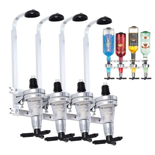 Professional Wall-Mounted Alcohol Tot Dispenser (4 Head) - Heavy Duty Adjustable Metal Wine Rack Decor with Spring-Loaded Bottle Holder