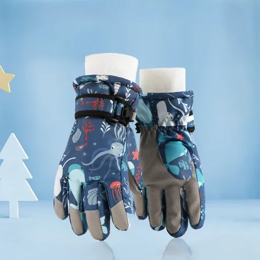 Waterproof Winter Snow Gloves for Kids with Touchscreen, Cartoon Print Design, Warm Fleece Lining, Adjustable Wrist Strap, Ideal for Skiing, Snowman Building, and Outdoor Play (L, Navy)