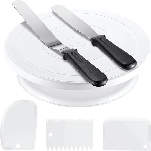 11 Inch Cake Rotating Turntable with 2 Icing Spatula and 3 Icing Smoother, Cake Rotating Turntable Stand White Baking Cake Decorating Supplies (6 PCS)