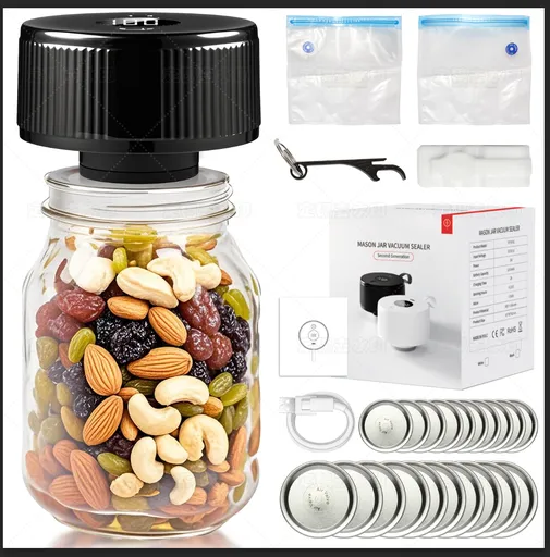 Portable Mason Jar Vacuum Sealer White, Rechargeable Electric Jar Sealer with LED Display, One-Touch Operation, Type-C Charging, for Mason Jars, Vacuum Bags & Lunch Boxes