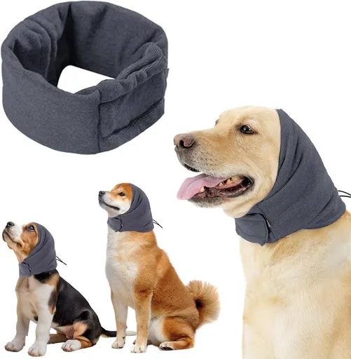 Dog Collar - Ear Muffs for Dogs - Dog Hat - Head Circumference 49-54 cm - Relief from Snoring Anxiety - with Adjustable Velcro Fastening - Noise-Dampening Headwear - 23*16*3 cm - Grey
