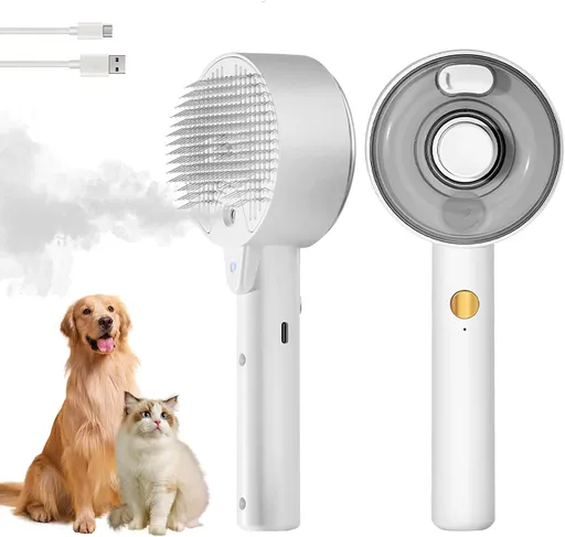 Steam Pet Grooming Brush with Self-Cleaning Hair Removal, Gentle Massage Comb for Cats and Dogs, USB Rechargeable, White