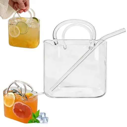 Glass Purse for Drinks Set, Unique Wine Glasses, Wine Cup Purse Bag Shape with Glass Straw, Perfect for Party, Tea, Juice, and Flower Arrangements