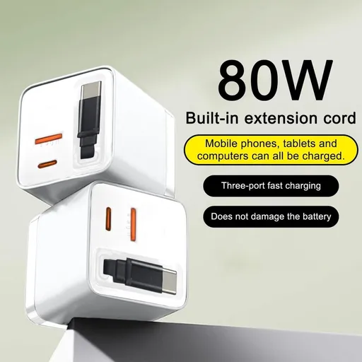 80W Max Fast Charging Wall Plug with Retractable Type-C Cable and 2 USB Ports 3-in-1 Charger Module for Phones and Laptops US Standard