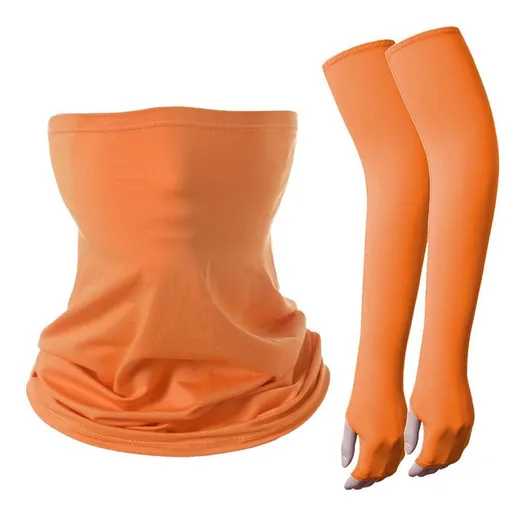 Integrated Sun Protection Sleeves & Gloves Combo With Cycling Neck Gaiter, Extended Finger‑Exposed UV Block Ice Sleeves, Multi‑Packs For Easy Replacement, Christmas Outdoor Riding Gift, One Size, Orange Mask, 2 Pcs
