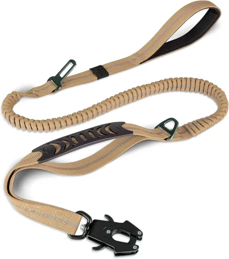 Tactical Dog Leash Heavy Duty, 4-6FT Shock Absorbing Bungee Lead with 2 Padded Handle, Metal Carabiner Clip, Car Seatbelt, Strong No Pull for Medium Large X-Large Dogs, Coyote Brown -
