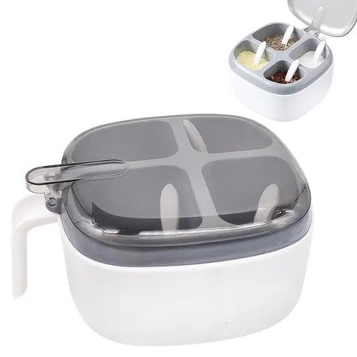 Seasoning Box with Lid and Spoon, 4 Compartment Spice Pots with Handle, Home Kitchen Condiment Jars for Sugar Salt Pepper