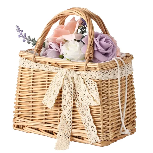 Handwoven Wicker Handbag, Rectangular Wicker Beach Bag, Rustic Portable Rattan Flower Basket with Decorative Ribbon & Sturdy Handle, Ideal for Travel, Vacation & Wedding