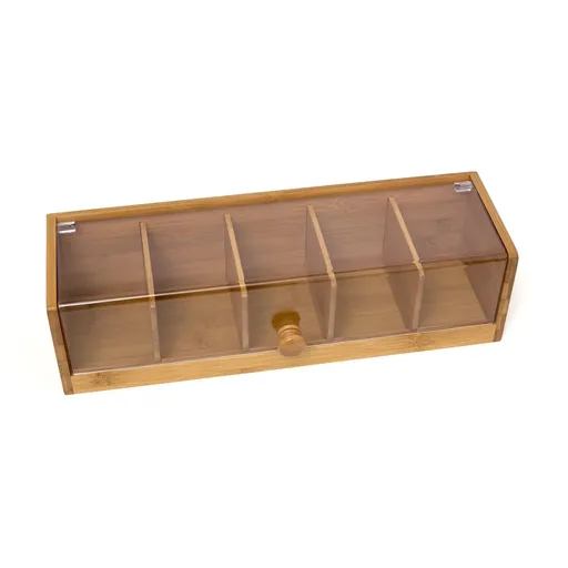 Bamboo Wood and Acrylic Tea Box with 5 Sections,Coffee Station Kitchen Tea Organizer with Compartments, 14.17" x 4.33" x 3.74"