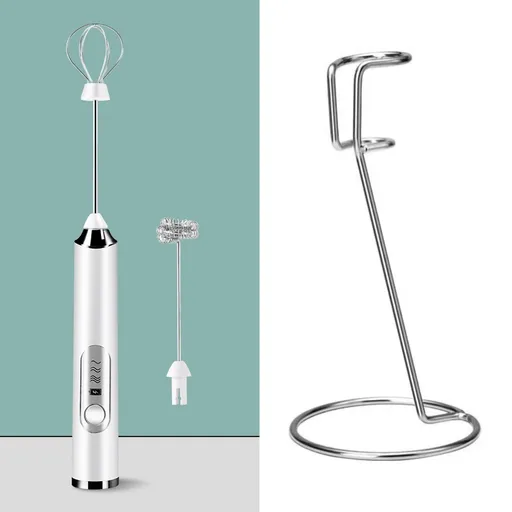 White Rechargeable Handheld Milk Frother and Electric Whisk Set 3 Speeds with 2 Stainless Steel Heads and Storage Stand Australian Home Barista Kit