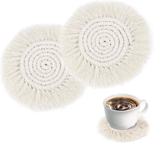 Boho Coasters for Drinks Absorbent Crochet Coasters Round Boho Coaster Set of 2 Housewarming Gift Bar Coffee Table Office Desk Decor, White