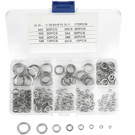 180 pcs 8 Size 304 Stainless Steel Spring Washer Assortment Kit, Spring Washers Kit M2.5 M3 M4 M5 M6 M8 M10
