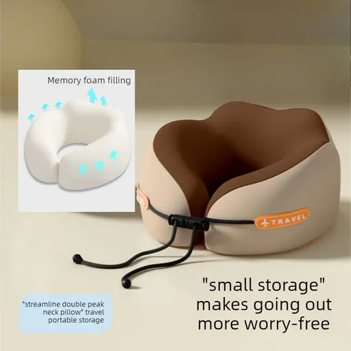 Memory Foam Travel Neck Pillow, U-Shaped Pillow with Ice Silk Cover, Adjustable Lock, and Storage Case for Airplane, Car, Office - Brown