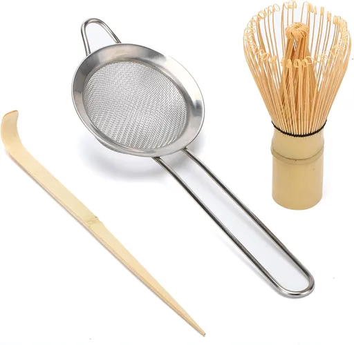 Matcha Whisk Set,Bamboo Matcha Whisk Set,Bamboo Matcha Whisk (Chasen),Traditional Scoop (Chashaku),Stainless Steel Sifter,Japanese Tea Tools for Ceremony