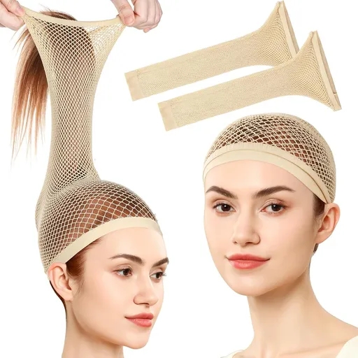 Wig Cap, Hair Net or Wigs, 30 CM Large Mesh Wig Cap or Long Hair or Women, Nylon Hair Net Non Slip or Halloween Rave Party Cosplay-Light Brown 2 PCS