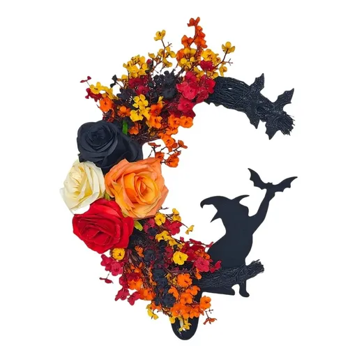 Spooky Halloween Wreath for Front Door - 14 Inch Crescent Moon Wreath with Black Cat, Bat & Rose Flower, Hanging Door Sign Garland for Home, Party, Wall, Window Indoor Outdoor Decoration
