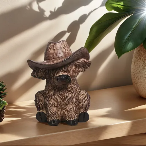 Highland Cow Statue Resin Rustic Decor Cowboy Hat 12 Inch