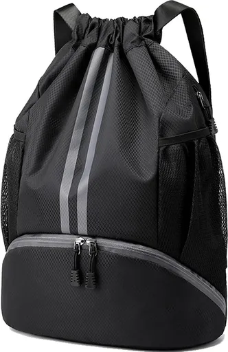 Water Resistant Drawstring Gym Backpack With Shoe Compartment And Wet Dry Pocket For Swimming Yoga Travel, Black