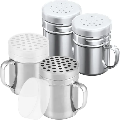 [2-pcs] 6 oz Metal Parmesan Cheese Shakers (Large Holes) + [2-pcs] 6 oz Stainless Steel Salt Pepper Dredge Shakers - All with Plastic Caps and Handles Bundle