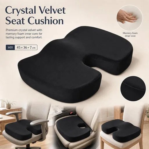 Slow Rebound Hip Cushion 45x36x7, Crystal Velvet Black, Soft Office Seat Support