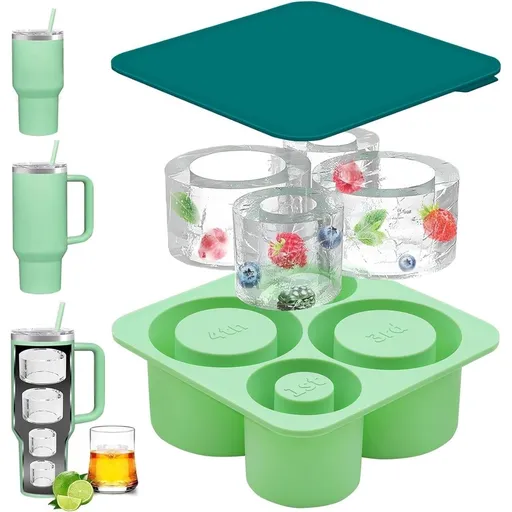Ice Cube Tray for Tumbler Cup Green Silicone Ice Cube Tray with Lid and Bin for Freezer Large Cylinder Mold for ey, Cocktail, Drink, Juice, 20Oz/30Oz/40Oz