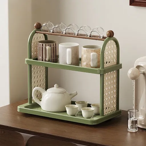 Multi-Layer Cup Storage Rack | Tea Mug Organizer with 5 Tiers | Desktop or Kitchen Countertop Shelf for Mugs, Spices, and Decor | White, Black, or Green Plastic Organizer