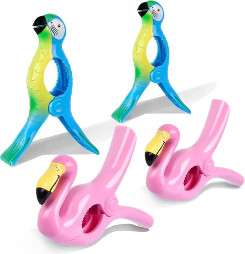 Beach Towel Clips, Jumbo Size Towel Clips for Beach Chairs Cruise Pool Patio or Daily Use-Secure Hang Seal, Set of 4 (Flamingo Parrot)