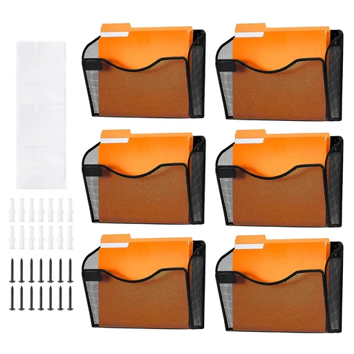 File Wall Rack, Six-Piece 1 Pocket Mesh Wall File Holder, Wall Mounted Magazine Mail Paper & Document Storage Folder, Metal Wall File Organizer with Nametag Label, for Office Home & School
