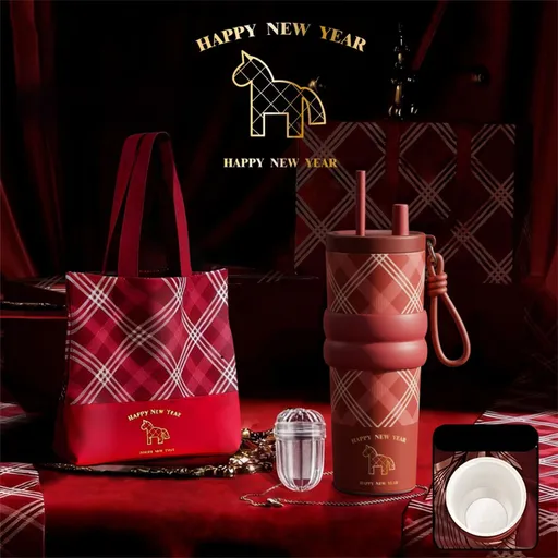 Red British Equestrian Plaid 710ML Insulated Travel Mug with Dual-Drink Lid, Straw & Straw Cap - Ceramic Liner Car Coffee Tumbler with Tea Water Separator Ball and Matching Protective Sleeve (Delux Gift Box)