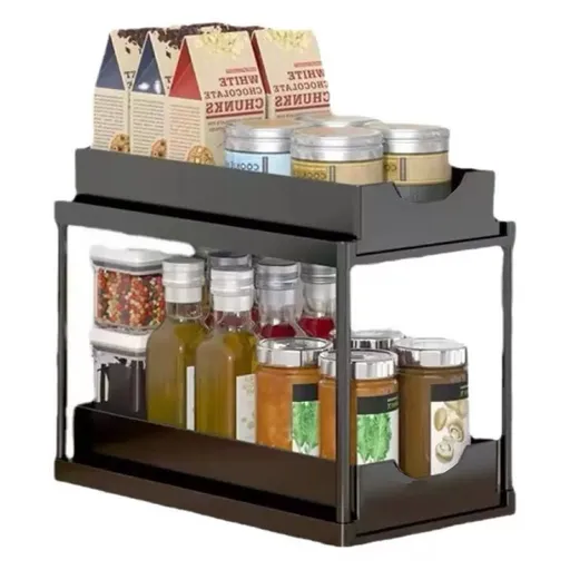 Two-tier pull-out storage rack. An organizational lifesaver for under the kitchen sink. Features adjustable shelves for easy storage of bottles and jars. In a sleek, modern design. Perfect as a kitchen shelf, bathroom organizer, or household storage