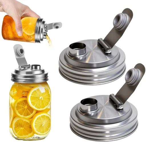 Wide Mouth Mason Jar Stainless Steel Pour Spout Lid, Reusable Mason Jar Lids, for 86MM Ball Wide Mouth Mason Jars, Leak Proof Seal, for Drinking Salad Dressing & Food Storing 2Packs