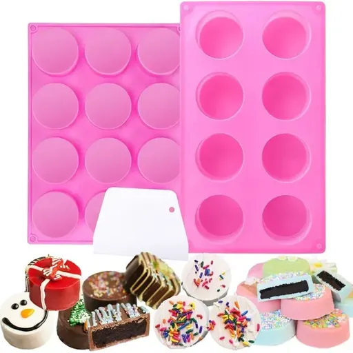 3 Piece Round Silicone Baking Mold Set, 12 and 8 Cavities, Pink and White