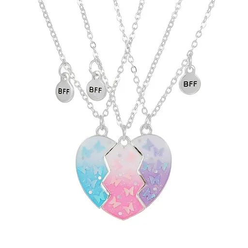 3Pcs/set Silver Heart Necklaces with Butterflies and Glitter for Girls Friends BFF Friendship Jewelry Colorful Gifts
