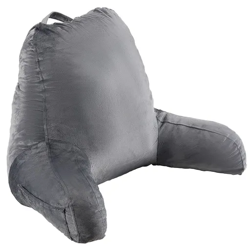 Reading Pillow, Large Size Bed Pillow with Shredded Memory Foam, Back Pillow with 3 Pockets and Washable Short Velvet Cloth, Top with Handle, for Watching TV, Reading, Gaming, Resting, Grey