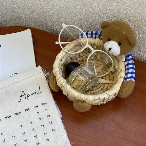 Cute Cartoon Bear Storage Basket Straw Storage Basket for Desktop Office Bedroom M
