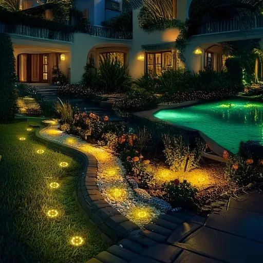 solar ground disk lights, outdoor lighting Australia, 8 LED lights, stainless steel solar lights, path lighting, garden driveway lights, courtyard lawn lighting, solar powered ground lights, energy efficient garden lights, automatic dusk to dawn ligh