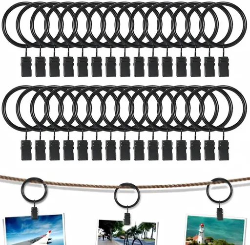 30 Pieces - Curtain Rings with Clips - Shower Curtain - Stainless Steel Curtain Rings - Metal Curtain Hooks - Curtain Rod Ring - for Shower and Window Curtains - Black