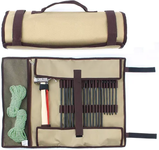 1 pcs Heavy Duty Tent Nail and Hammer Storage Bag Pouch Holder Case - Tent Pegs Not Included (Khaki)