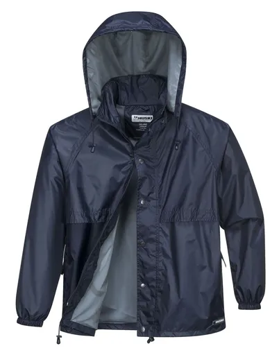HUSKI STRATUS RAIN JACKET Waterproof Workwear Concealed Hood Windproof Packable - Navy Blue