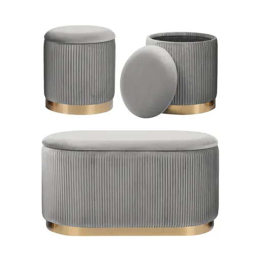 3 Piece Set Storage Ottoman - Blanket Box Velvet Padded Bench Stool FAYE GREY