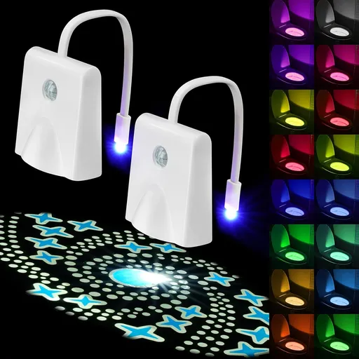 Toilet Night Lights, 2 Pcs Motion Sensor with Star Projector, USB Rechargeable LED Bowl Light with 16 Colors, Bathroom Accessories and Decoration, Funny Gift for Men and Women