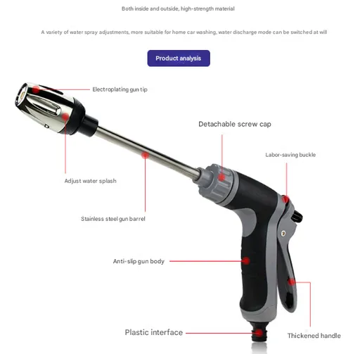 Black and Grey Heavy Duty Long Wand Garden Hose Nozzle - High Pressure Water Spray Gun with Adjustable Patterns for Car Wash, Plants & Cleaning