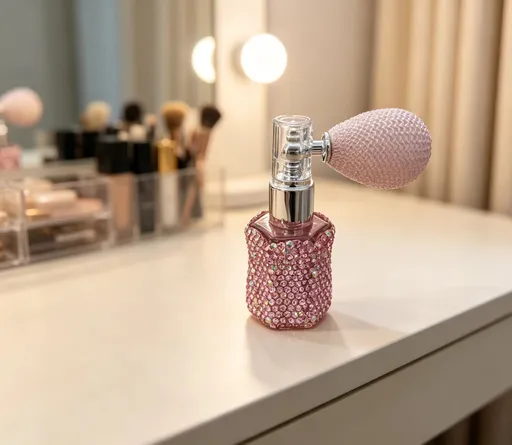 Rhinestone Airbag Perfume Atomizer Refillable Glass Spray Bottle Portable Travel Cosmetic Sample Container for Fragrance Dispensing (Pink)